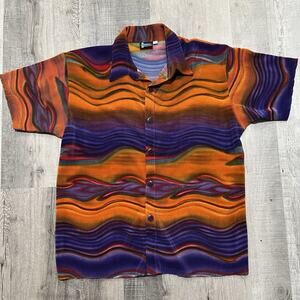 VTG Positano Charles Lapson Orange Colorful Ribbed Stretchy Mens Button Shirt L